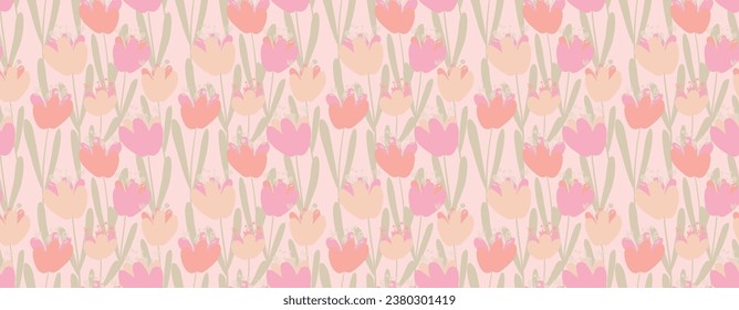 Horizontal pink pattern. Tulips, petals, leaves and branches in muted shades of white, green, pink and pale beige. Minimal wall art.