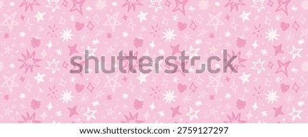 Horizontal pink seamless pattern with white stars and hearts. Cute magical sparkle background for kids party. Girly fairy glitter texture background. Pink doodle pattern with stars