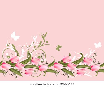 Horizontal pink spring background with tulips and flourishes