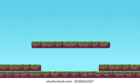 Horizontal pixel art game level background with floating and grounded islands. Retro video game platformer stage with blue sky. Vector graphics.