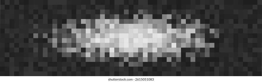 Horizontal pixelated mosaic censor bar, blurred block in grayscale tones, simulates content masking. Conceals sensitive visual information, NSFW or private data. Digital texture. Vector illustration.