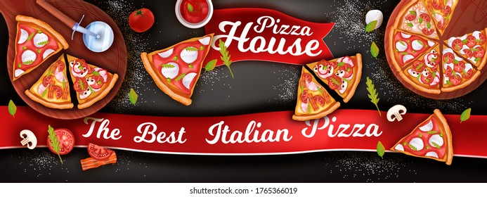 Horizontal pizza banner with mozzarella, slices, ketchup, tomato, mushrooms. Italian food background with margherita, pepperoni on black chalkboard. Fast food vector illustration in realistic style.