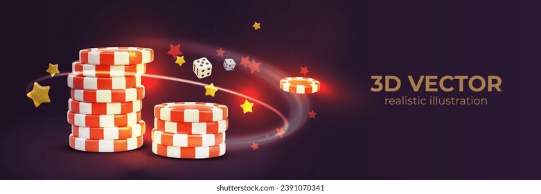 Horizontal placard in dark purple colors with red chips, flying game cubes and place for text. Web banner for online vector casino. Vector illustration in 3D style