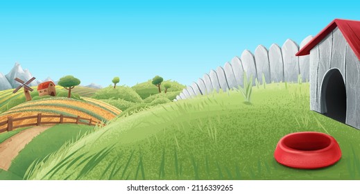 horizontal plain scenery with lawn and dog house