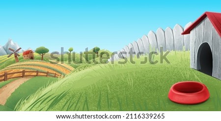 horizontal plain scenery with lawn and dog house