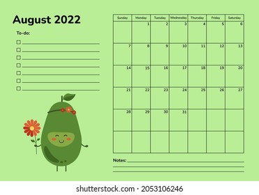 Horizontal planner 2022 with avocado. August calendar page. Organizer scheduler timetable vector template. Monthly pages. Week starts on Sunday. Cartoon cute kawaii character. Healthy food fruits diet