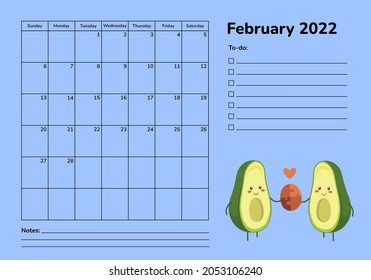 Horizontal planner 2022 with avocado. February calendar page. Organizer scheduler timetable vector template. Monthly pages. Cartoon cute kawaii characters. Healthy food. Love romantic design