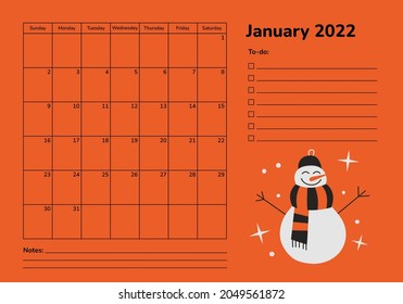 Horizontal planner 2022. January calendar page. Organizer scheduler timetable vector template. Monthly pages. Week starts on Sunday. Winter holidays snowman. Merry Christmas and Happy New Year