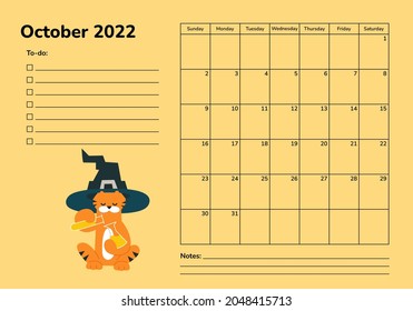 Horizontal planner 2022 with tiger. October calendar page. Organizer scheduler vector template. Wall desk table corporate calendar. Week starts on Sunday. Halloween party celebration. Witch hat
