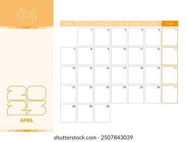 Horizontal planner for April 2025 in the orange color scheme. The week begins on Monday. A wall calendar in a minimalist style. Vector calendar 2025.