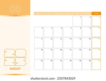 Horizontal planner for August 2025 in the orange color scheme. The week begins on Monday. A wall calendar in a minimalist style. Vector calendar 2025.