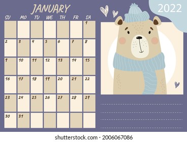 Horizontal planner calendar template for January 2022. Cute winter bear in a hat and scarf. Vector illustration. Week from Sunday. Stationery for design and printing