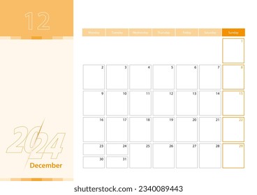 Horizontal planner for December 2024 in the orange color scheme. The week begins on Monday. A wall calendar in a minimalist style. Vector calendar 2024.