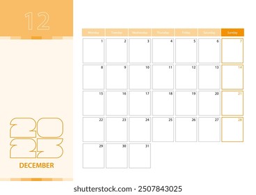 Horizontal planner for December 2025 in the orange color scheme. The week begins on Monday. A wall calendar in a minimalist style. Vector calendar 2025.