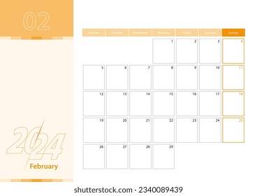 Horizontal planner for February 2024 in the orange color scheme. The week begins on Monday. A wall calendar in a minimalist style. Vector calendar 2024.