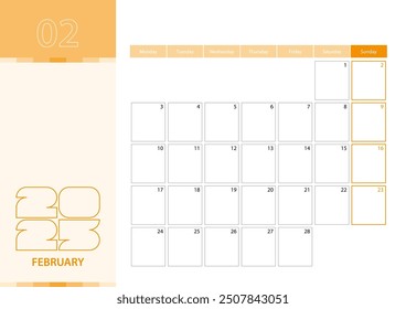 Horizontal planner for February 2025 in the orange color scheme. The week begins on Monday. A wall calendar in a minimalist style. Vector calendar 2025.