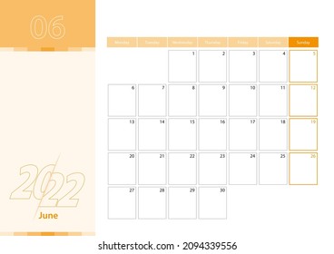 Horizontal planner for June 2022 in the orange color scheme. The week begins on Monday. A wall calendar in a minimalist style. Vector calendar 2022.