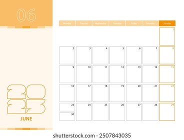 Horizontal planner for June 2025 in the orange color scheme. The week begins on Monday. A wall calendar in a minimalist style. Vector calendar 2025.