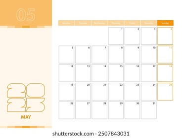 Horizontal planner for May 2025 in the orange color scheme. The week begins on Monday. A wall calendar in a minimalist style. Vector calendar 2025.