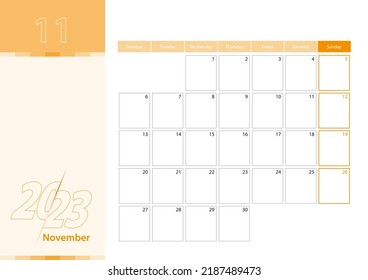 Horizontal planner for November 2023 in the orange color scheme. The week begins on Monday. A wall calendar in a minimalist style. Vector calendar 2023.