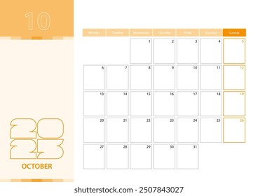 Horizontal planner for October 2025 in the orange color scheme. The week begins on Monday. A wall calendar in a minimalist style. Vector calendar 2025.