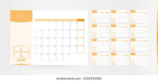 Planejador horizontal para o ano de 2025 no esquema de cores laranja. A semana começa na segunda-feira. Um calendário de parede em um estilo minimalista. Calendário vetorial 2025.