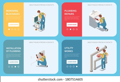 Horizontal plumber isometric banner set with removing blockages installation of plumbing utility works and plumbing repairs descriptions vector illustration