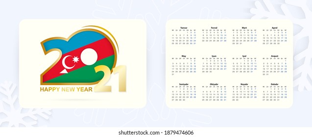 Horizontal Pocket Calendar 2021 in Azerbaijani language. New Year 2021 icon with flag of Azerbaijan. Vector calendar.