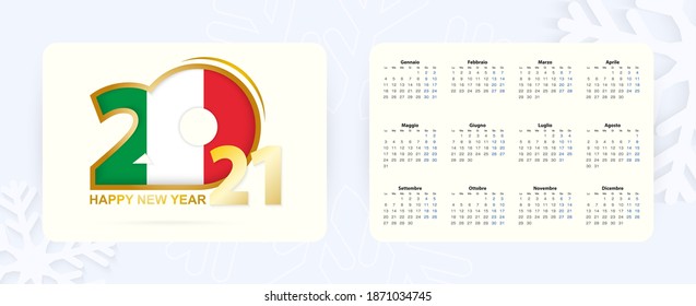 Horizontal Pocket Calendar 2021 in Italian language. New Year 2021 icon with flag of Italy. Vector calendar.