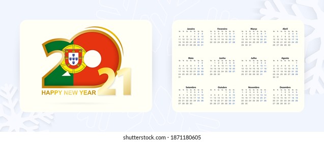 Horizontal Pocket Calendar 2021 in Portuguese language. New Year 2021 icon with flag of Portugal. Vector calendar.