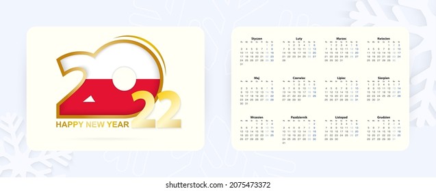 Horizontal Pocket Calendar 2022 in Polish language. New Year 2022 icon with flag of Poland. Vector calendar.