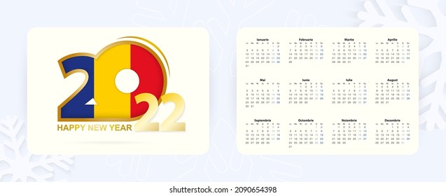 Horizontal Pocket Calendar 2022 in Romanian language. New Year 2022 icon with flag of Romania. Vector calendar.