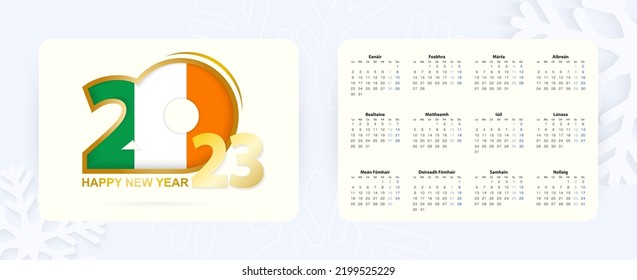 Horizontal Pocket Calendar 2023 in Irish language. New Year 2023 icon with flag of Ireland. Vector calendar.