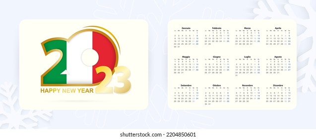 Horizontal Pocket Calendar 2023 in Italian language. New Year 2023 icon with flag of Italy. Vector calendar.