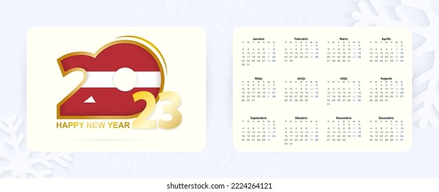 Horizontal Pocket Calendar 2023 in Latvian language. New Year 2023 icon with flag of Latvia. Vector calendar.