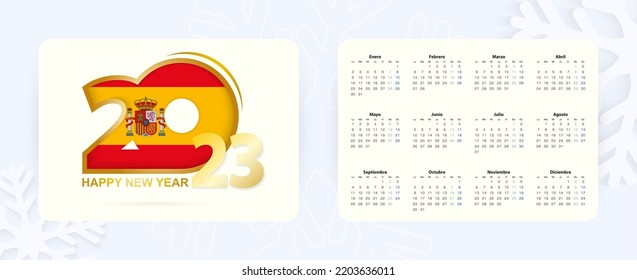 Horizontal Pocket Calendar 2023 in Spanish language. New Year 2023 icon with flag of Spain. Vector calendar.