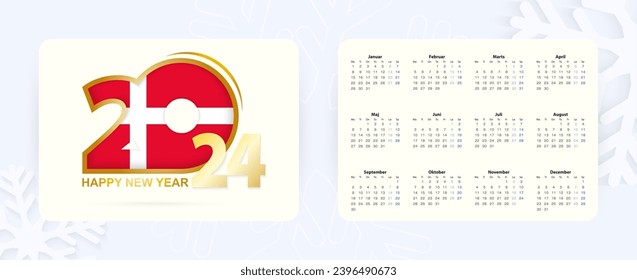 Horizontal Pocket Calendar 2024 in Danish language. New Year 2024 icon with flag of Denmark. Vector calendar.