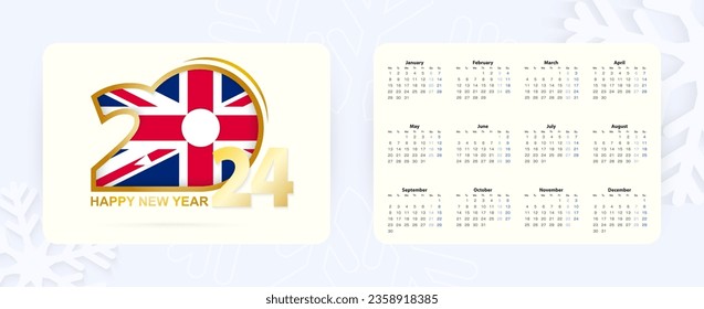 Horizontal Pocket Calendar 2024 in englischer Sprache. Neujahr 2024 Symbol mit Flagge des Vereinigten Königreichs. Vektorkalender.