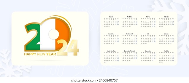 Horizontal Pocket Calendar 2024 in Irish language. New Year 2024 icon with flag of Ireland. Vector calendar.