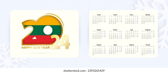 Horizontal Pocket Calendar 2024 in Lithuanian language. New Year 2024 icon with flag of Lithuania. Vector calendar.