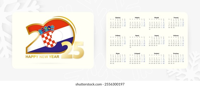 Horizontal Pocket Calendar 2025 in Croatian language. New Year 2025 icon with flag of Croatia. Vector calendar.