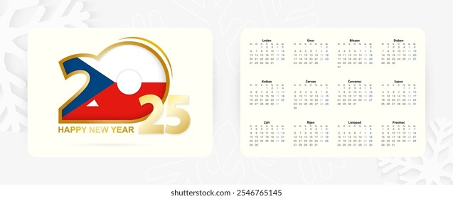 Calendario Horizontal de bolsillo 2025 en checo. Icono del año Nuevo 2025 con la bandera de la República Checa. Calendario de Vector.