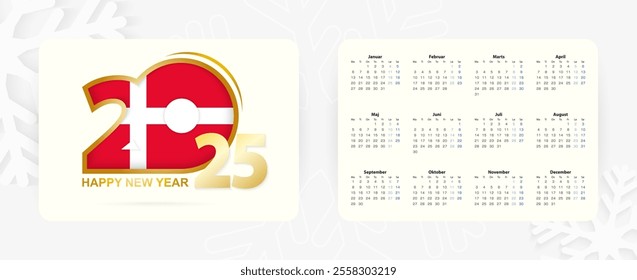 Horizontal Pocket Calendar 2025 in Danish language. New Year 2025 icon with flag of Denmark. Vector calendar.