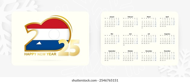 Calendario Horizontal de bolsillo 2025 en holandés. Icono del año Nuevo 2025 con la bandera de los Países Bajos. Calendario de Vector.