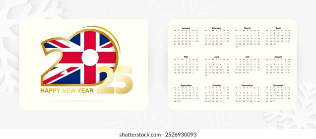 Calendario Horizontal de bolsillo 2025 en inglés. Icono del año Nuevo 2025 con la bandera del Reino Unido. Calendario de Vector.