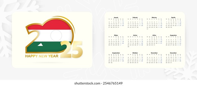 Calendario Horizontal de bolsillo 2025 en húngaro. Icono del Año Nuevo 2025 con la bandera de Hungría. Calendario de Vector.