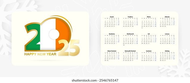 Calendario Horizontal de bolsillo 2025 en idioma irlandés. Icono del Año Nuevo 2025 con la bandera de Irlanda. Calendario de Vector.