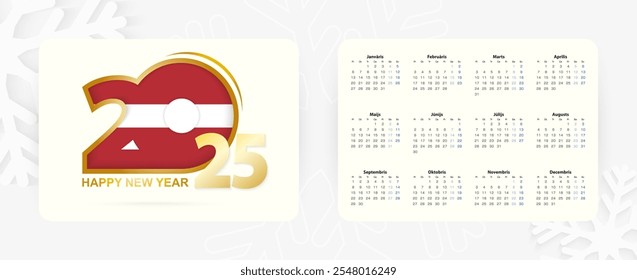 Calendario Horizontal de bolsillo 2025 en letón. Icono del Año Nuevo 2025 con la bandera de Letonia. Calendario de Vector.