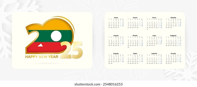 Calendario Horizontal de bolsillo 2025 en lituano. Icono del Año Nuevo 2025 con la bandera de Lituania. Calendario de Vector.