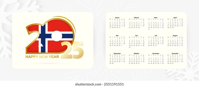 Calendario Horizontal de bolsillo 2025 en idioma noruego. Icono del Año Nuevo 2025 con la bandera de Noruega. Calendario de Vector.